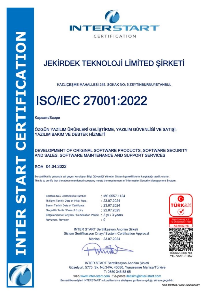 Jekirdek Teknoloji ISO/IEC 27001:2022 certificate issued by Interstart Certification